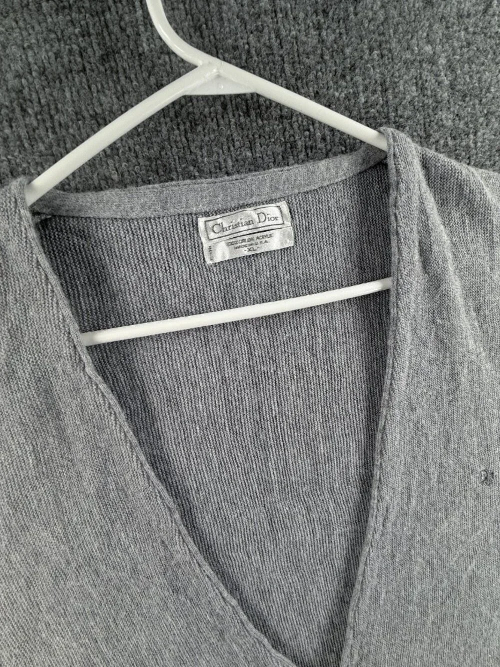 Christian Dior ** Sweater Men Cardigan V-Neck Logo USA XL Gray Solid Long Sleeve